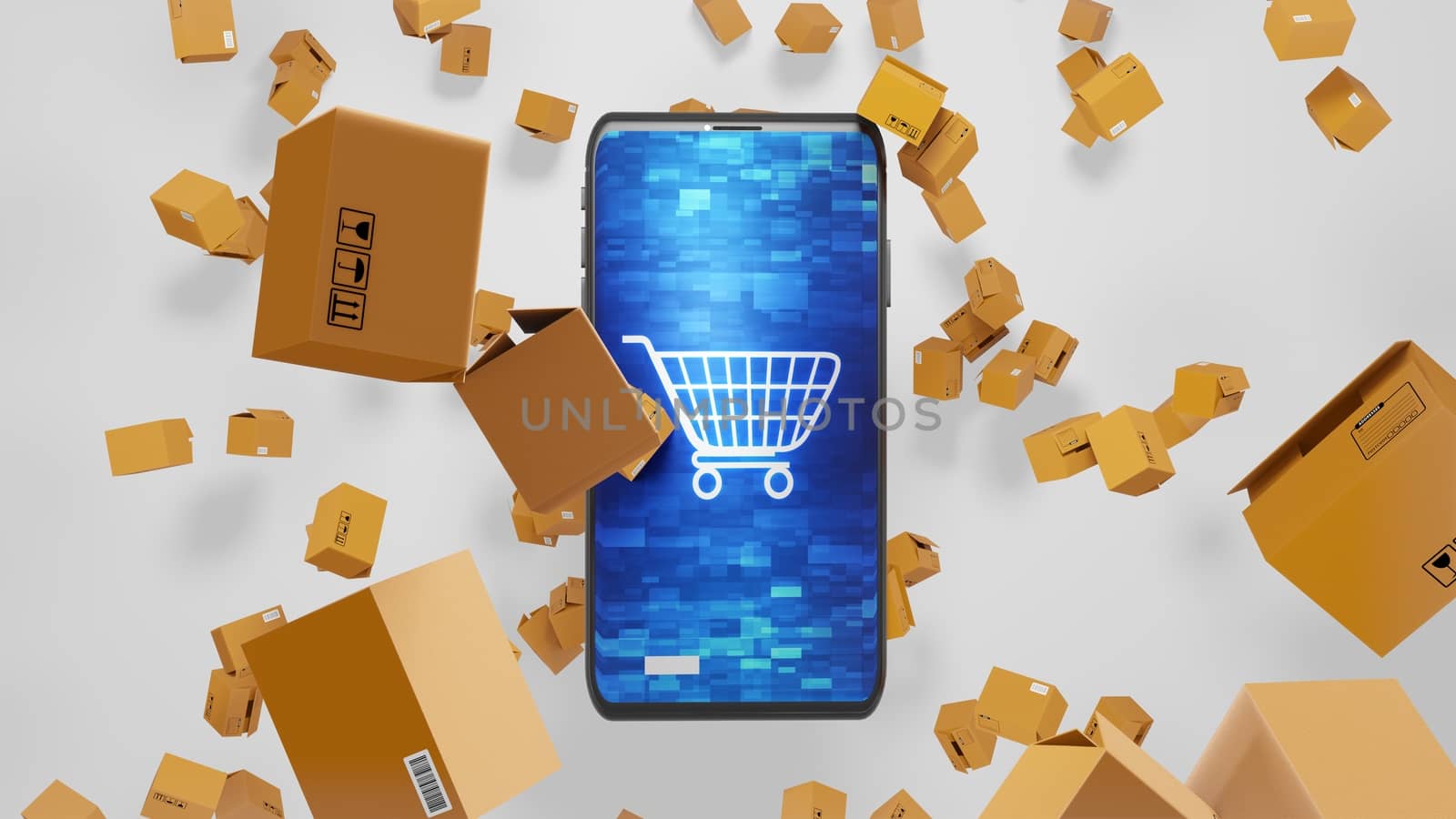 8K E-commerce 3D render Smartphone and Parcels Falling down with Shopping cart on Abstract Digital Display on the Screen Ver.1 by ariya23156