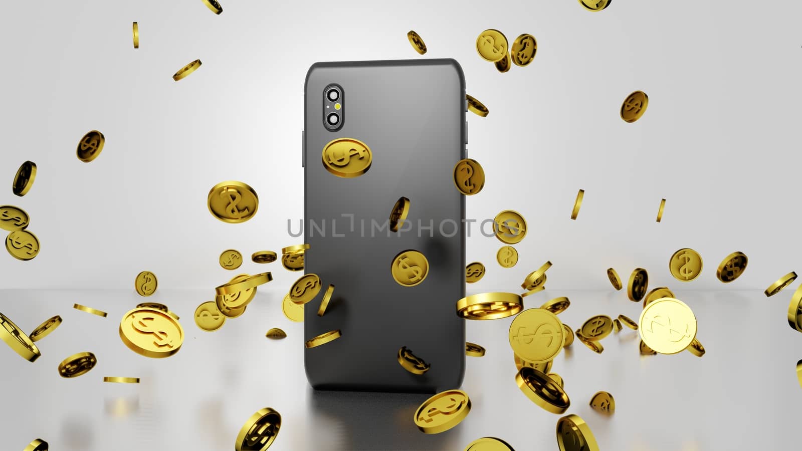 8K 3D Render Back of the Black color Smartphone with Golden Dollar Coins Falling and Bouncing on the Floor by ariya23156