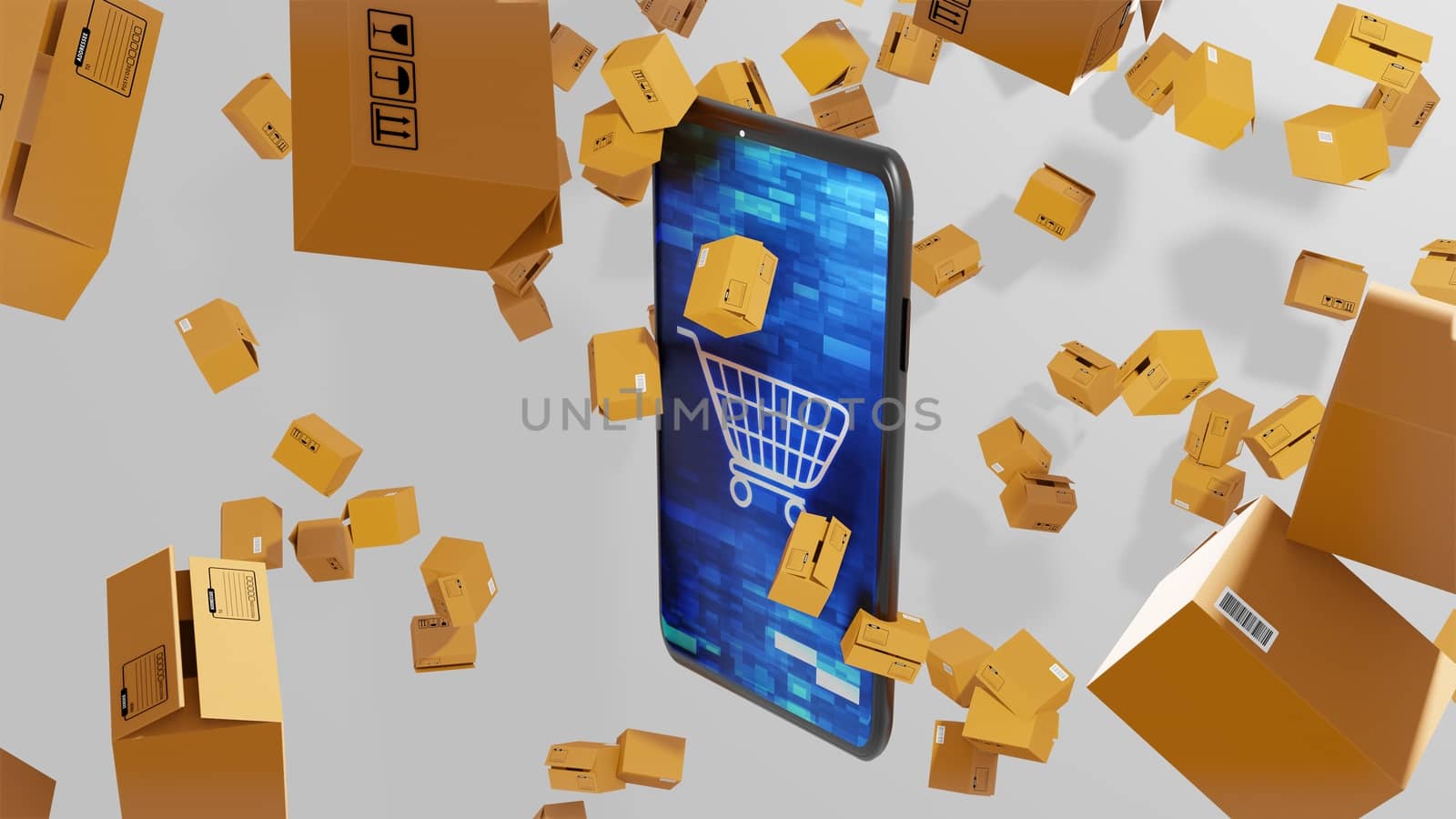8K E-commerce 3D render Smartphone and Parcels Falling down with Shopping cart on Abstract Digital Display on the Screen Ver.2