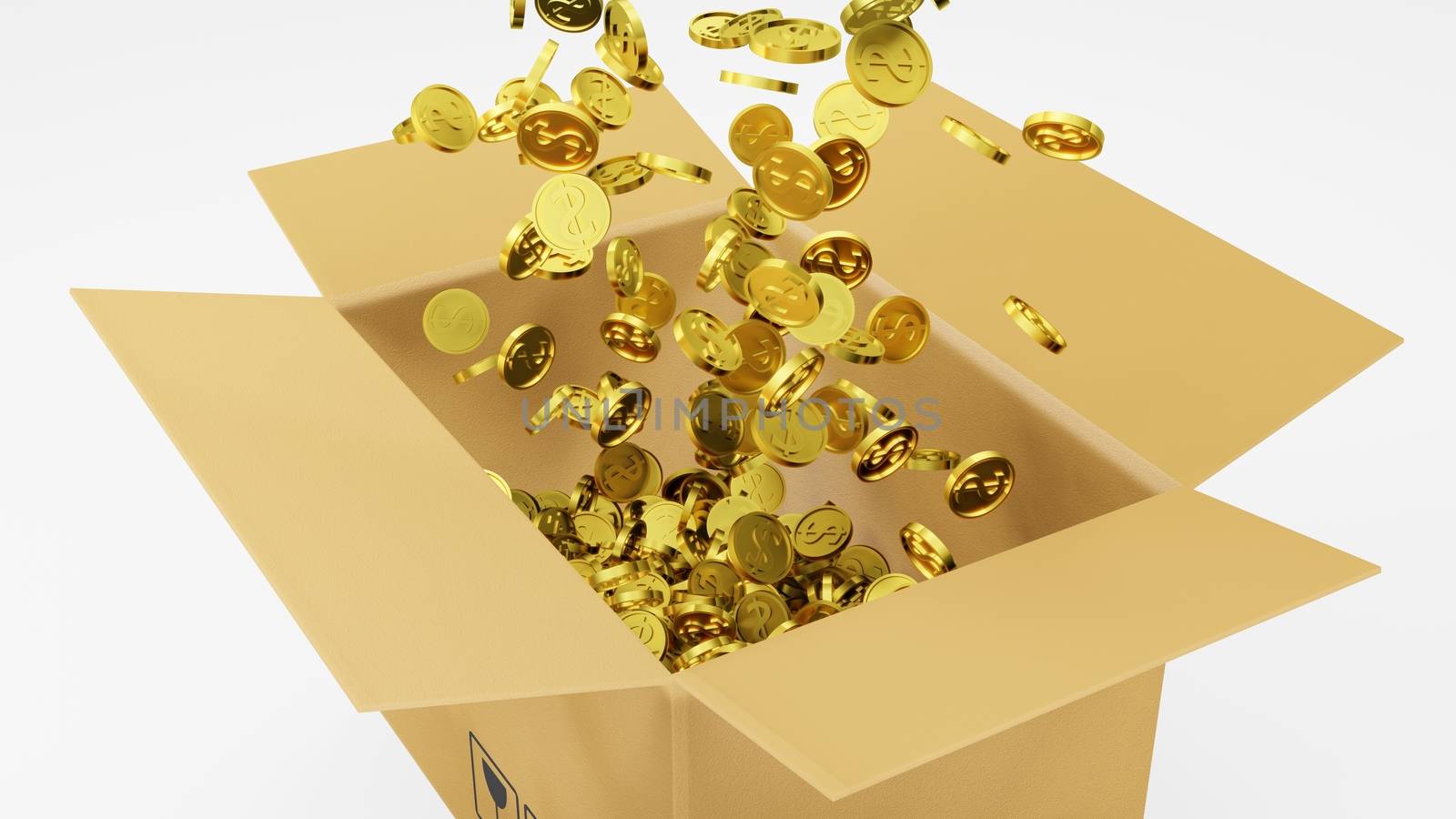3D Rendered a number of Golden Dollars Coins Falling into Brown Package on White Background Still Image by ariya23156