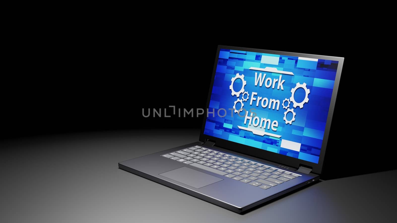 8K 3D rendered isolated Laptop with Work From Home Abstract Screen Display on the floor in the Dark room with one light source (Right side) by ariya23156