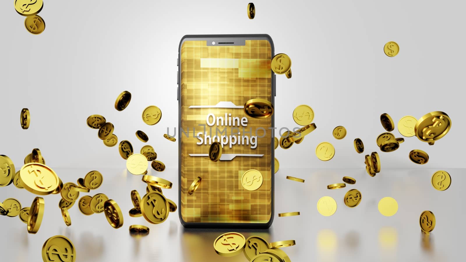 8K Online Shopping 3D render Smartphone and Golden Dollar Coins Falling and Bouncing on the Floor with Abstract Digital Display on the Screen Ver.1