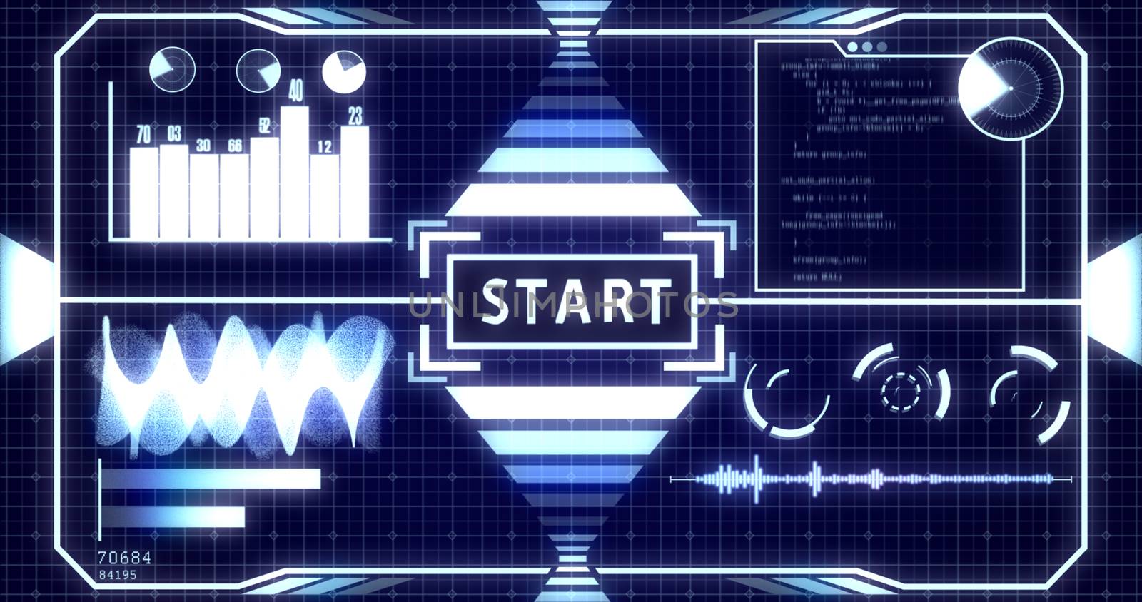 Start Screen on Grid background with Digital objects including Soundwave, Graph, Chart, Circles, Radar, Hacker typing and Glowing light bars Ver.1 (Full screen)