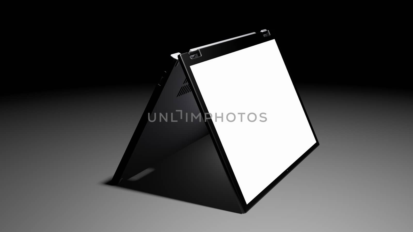 8K 3D rendered isolated Laptop with Blank Screen Flip Over Display on the floor in the Dark room with one light source (Screen Side) by ariya23156