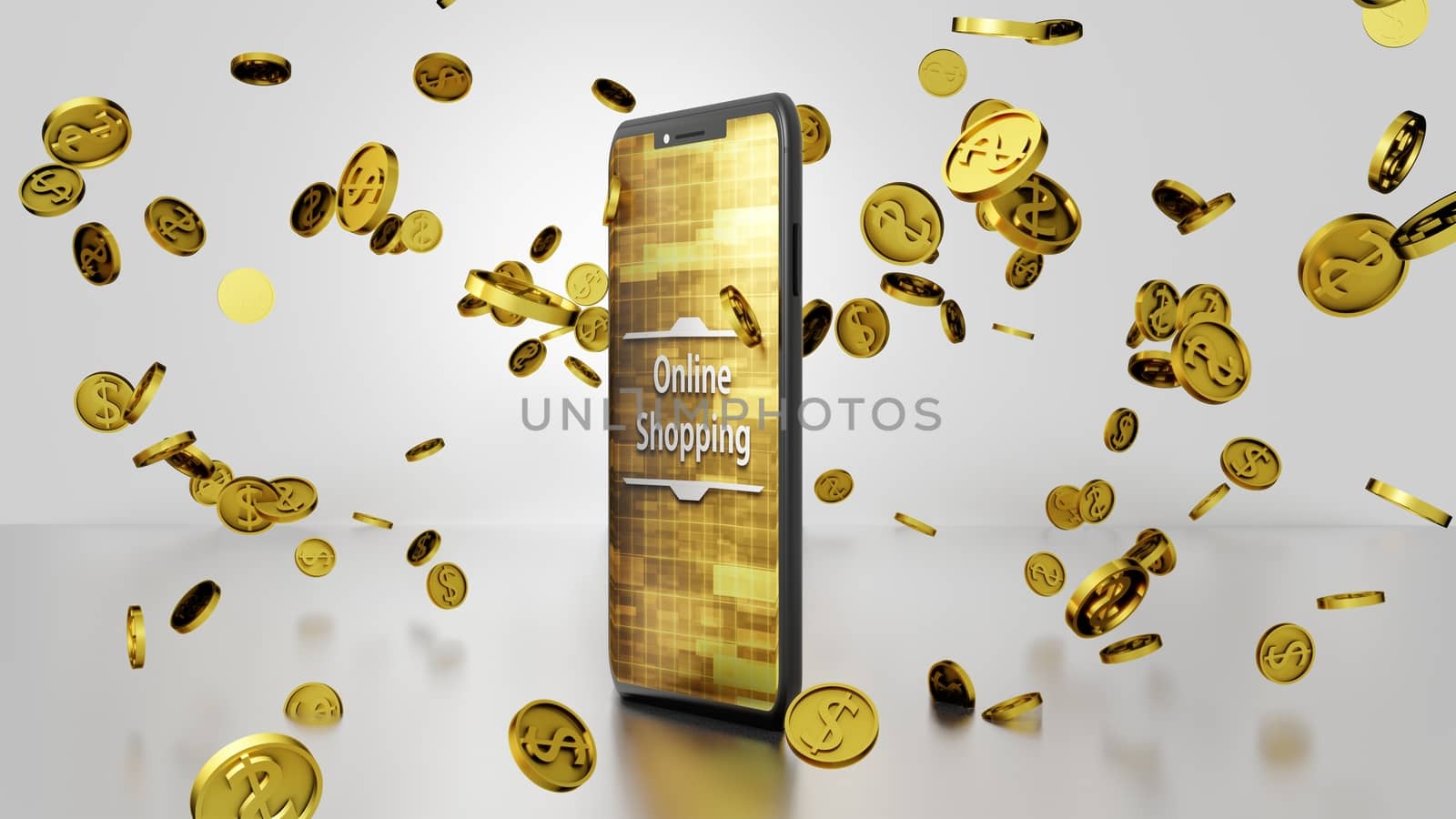 8K Online Shopping 3D render Smartphone and Golden Dollar Coins Falling and Bouncing on the Floor with Abstract Digital Display on the Screen Ver.2