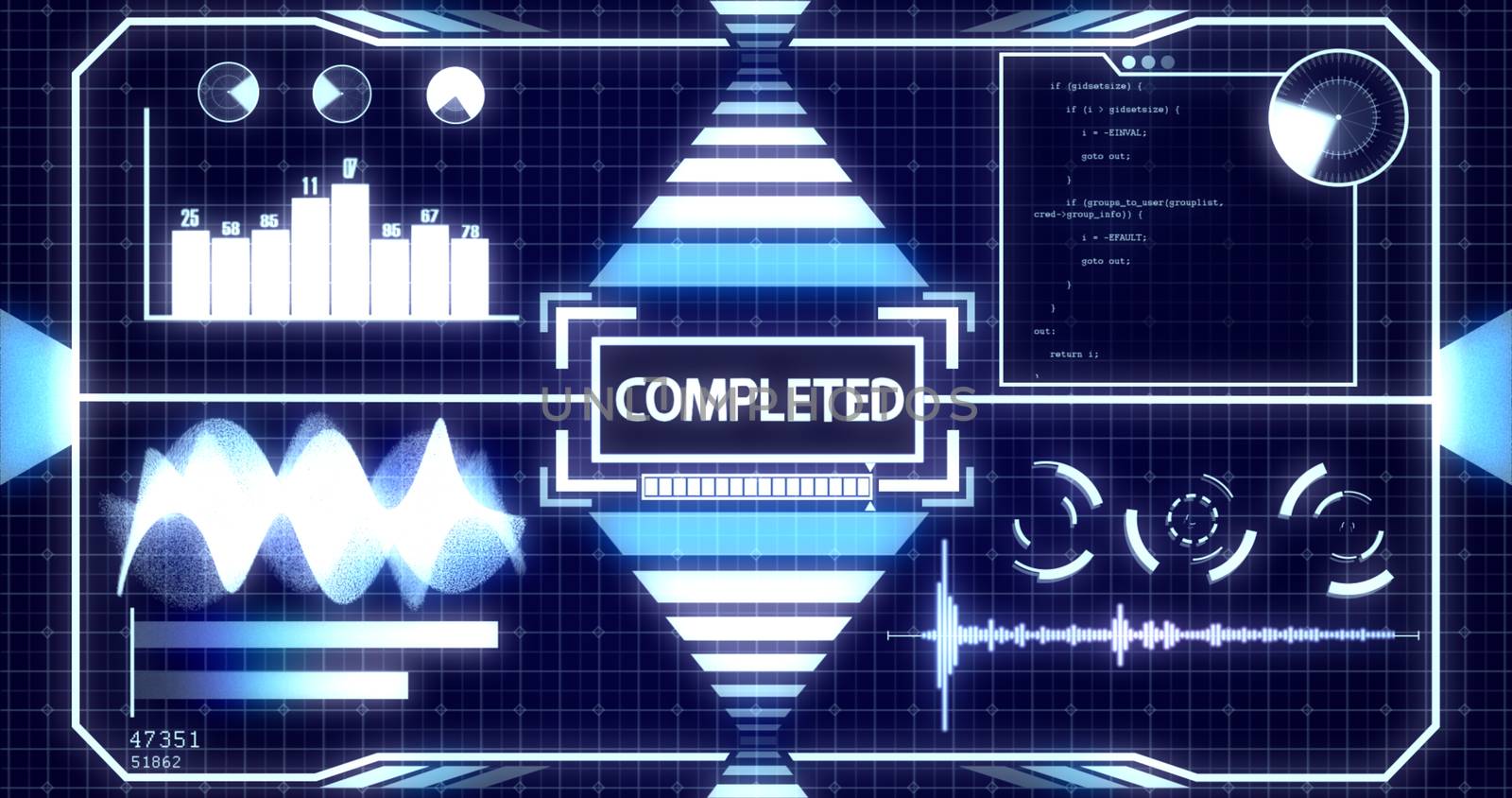 Completed Screen with Process Bar and Digital objects including Soundwave, Graph, Chart, Circles, Radar, Hacker typing and Glowing light bars Ver.1 (Full screen) by ariya23156