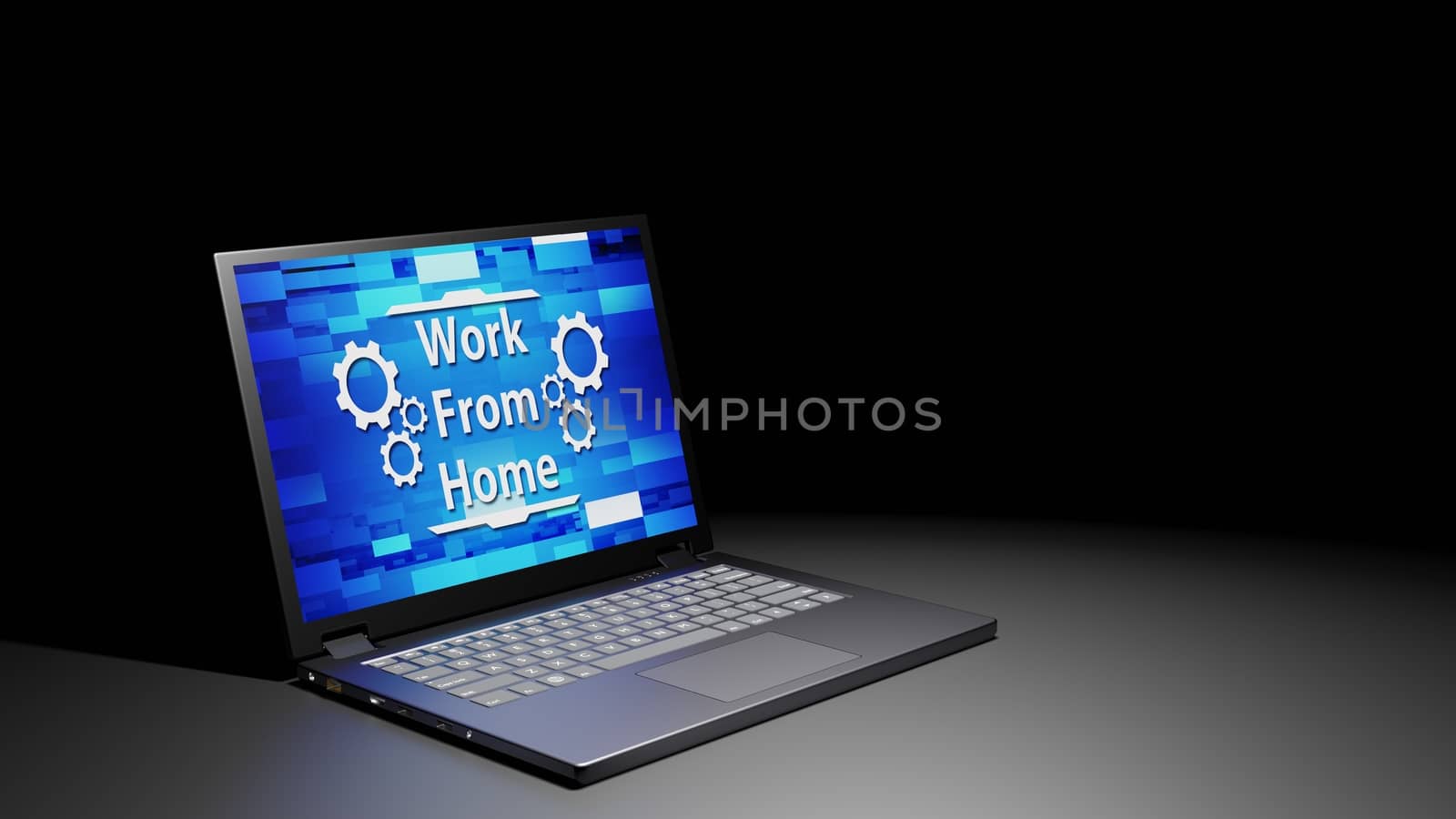 8K 3D rendered isolated Laptop with Work From Home Abstract Screen Display on the floor in the Dark room with one light source (Left side)