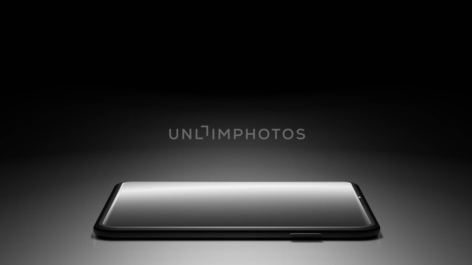 8K 3D Rendered Isolated Smartphone on the Floor in the Dark Room with One Light Source and Screen turn off