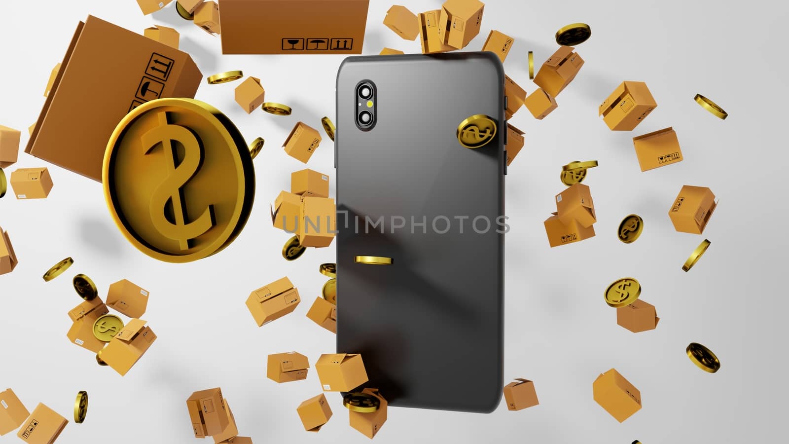 8K 3D render Smartphone's Back View with Parcels and Golden Coins Falling down all over the Screen Background by ariya23156