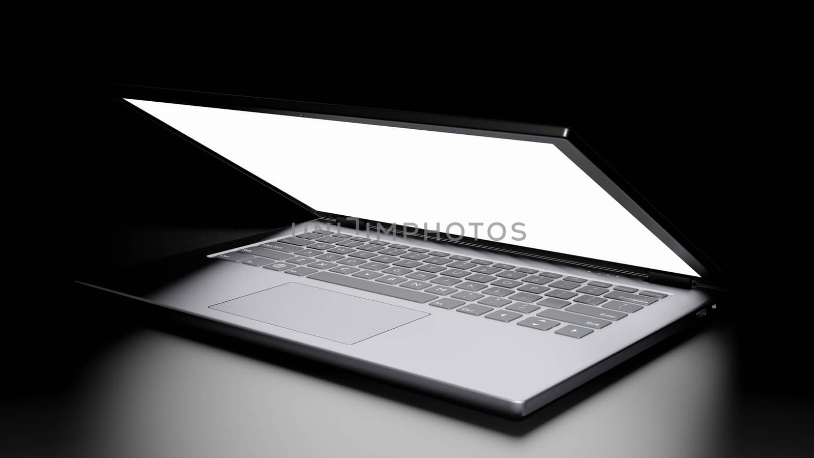 8K 3D rendered isolated Half Opened Laptop with Blank Screen Display on the floor in the Dark room with one light source Version 2 by ariya23156