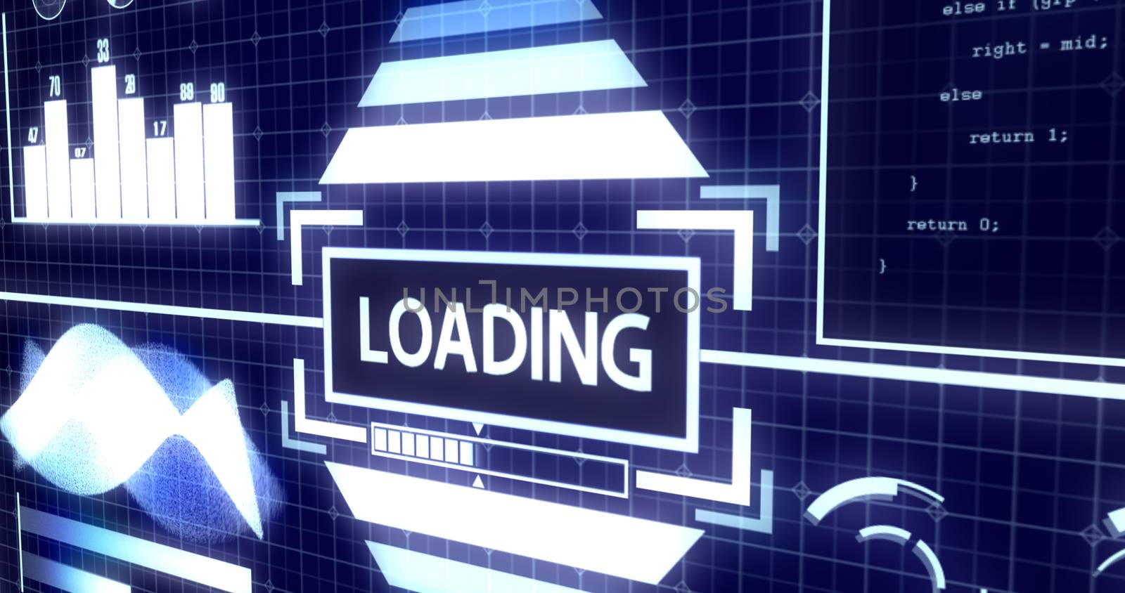Loading Screen with Process Bar and Digital objects including Soundwave, Graph, Chart, Circles, Radar, Hacker typing and Glowing light bars Ver.3