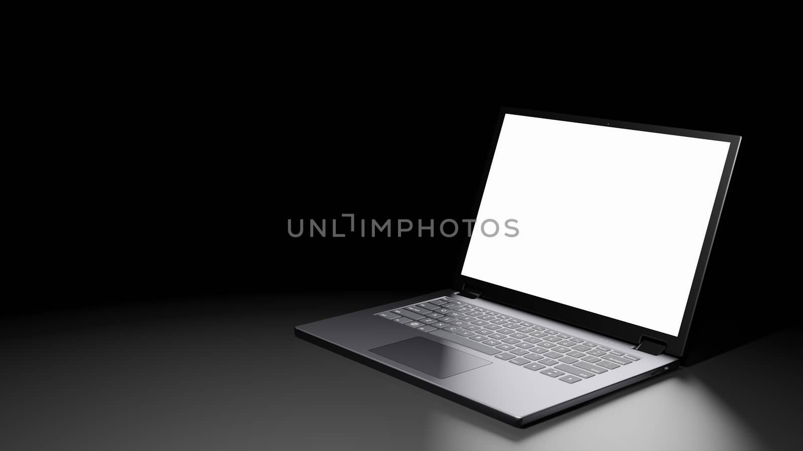8K 3D rendered isolated Opened Laptop with Blank Screen Display on the floor in the Dark room with one light source (right side) by ariya23156