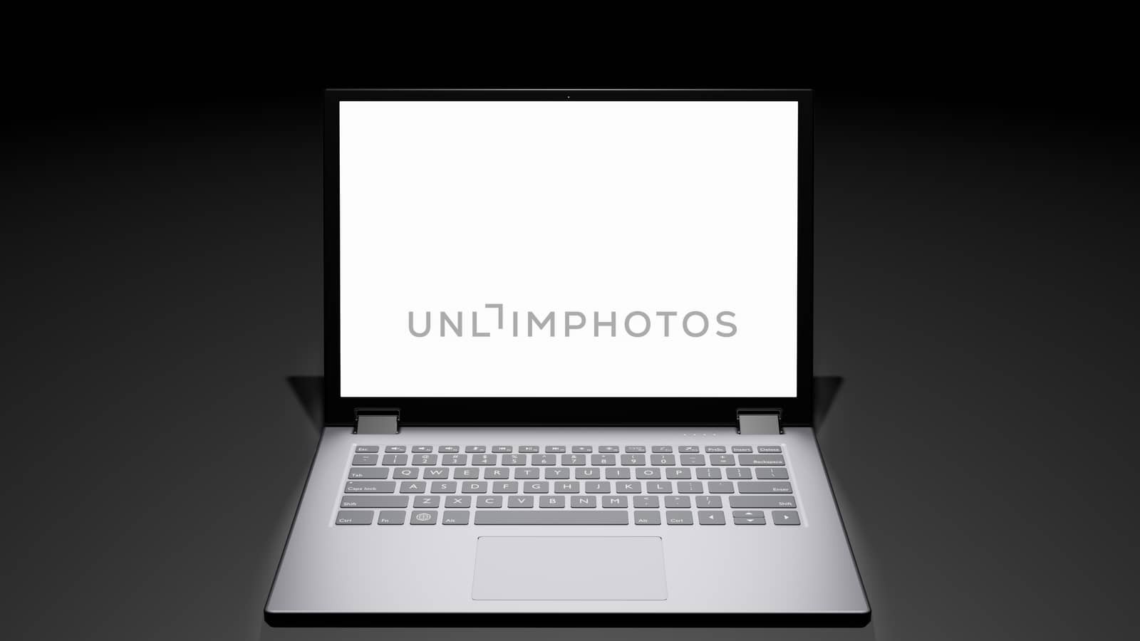 8K 3D rendered isolated Opened Laptop with Blank Screen Display on the floor in the Dark room with one light source (middle)