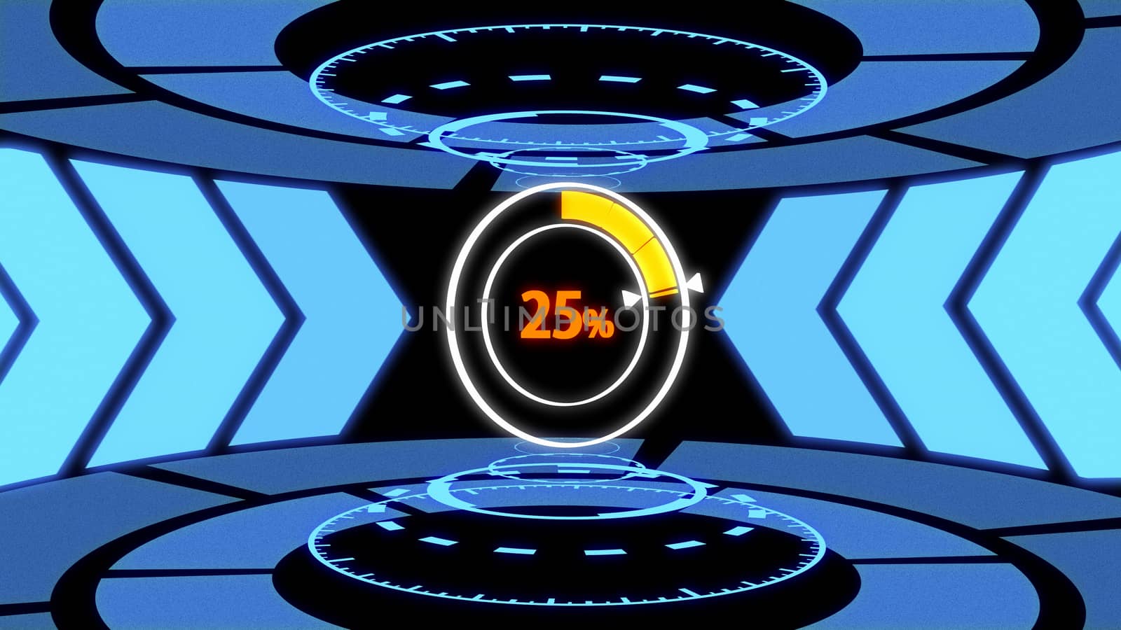 3D Loading screen HUD in Technology Laboratory with Arrow Path Lights, Loading Circle and Digital Circles (25% loading)