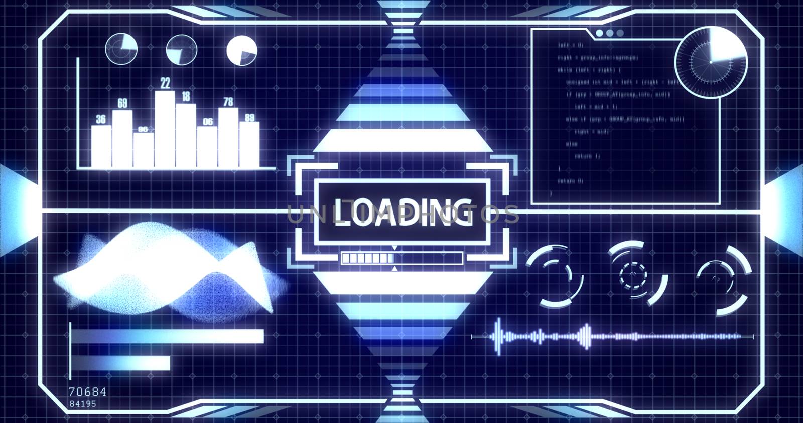 Loading Screen with Process Bar and Digital objects including Soundwave, Graph, Chart, Circles, Radar, Hacker typing and Glowing light bars Ver.1 (Full screen) by ariya23156