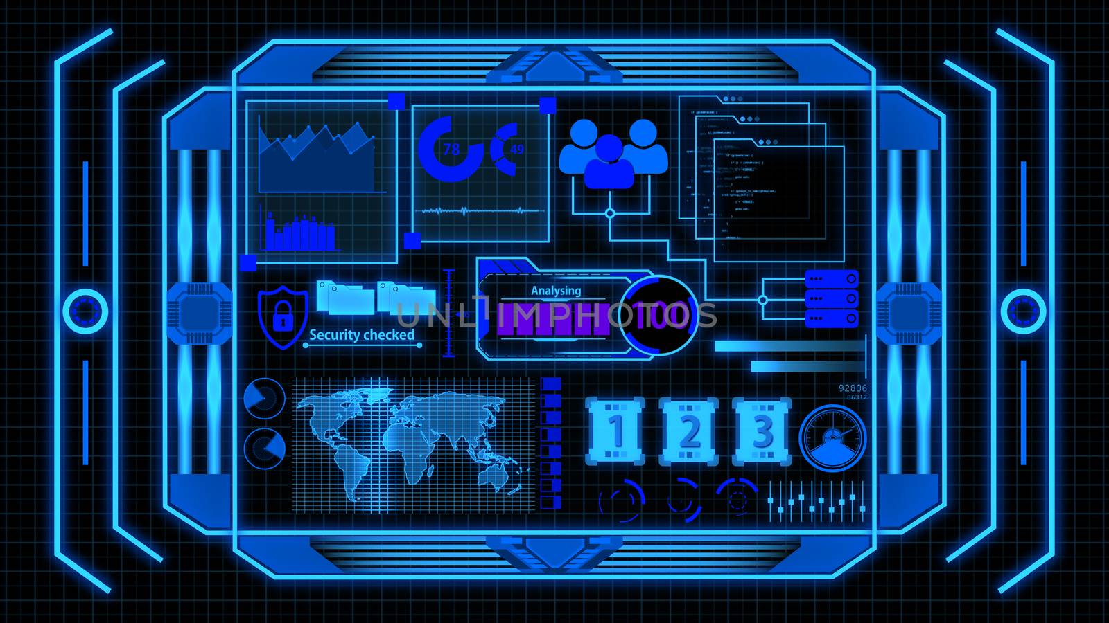 Screen With Blue Data Analysis Details including Loading bar, world map, cyber security, graph, chart, hacker typing and digital elements Background