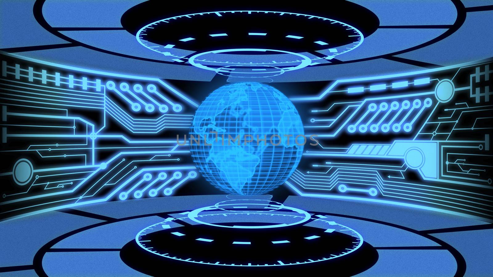 3D Digital Earth and Digital circuit in Blue Color theme laboratory background