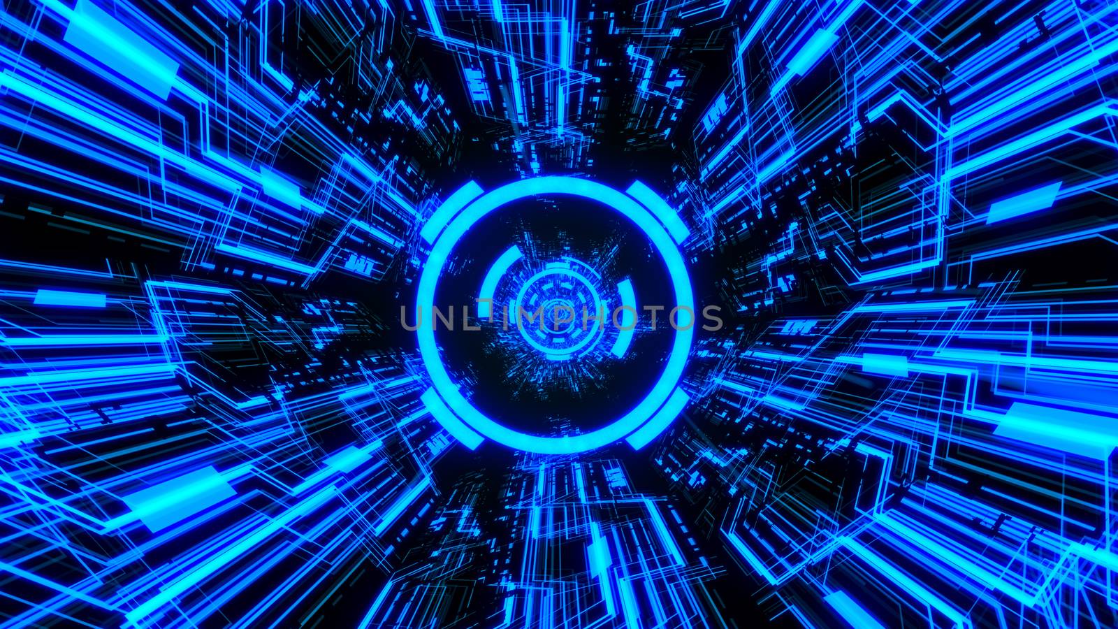 3D Digital Circuit System Tunnels and Waves with Digital Circles in the middle in Blue color theme Background Ver.2 by ariya23156