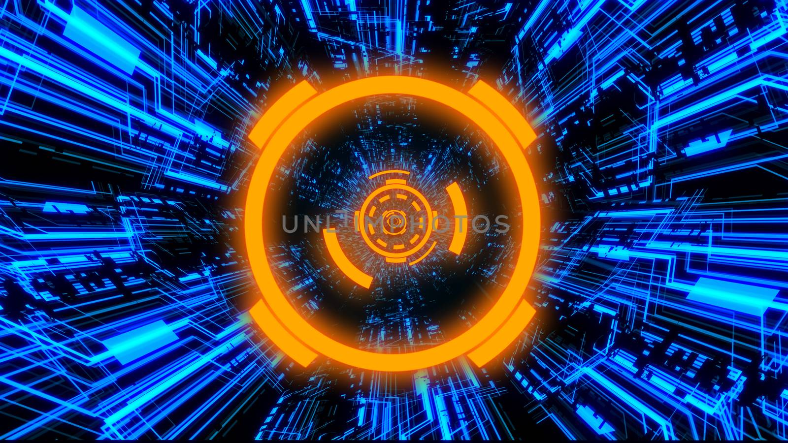 3D Digital Circuit System Tunnels and Waves with Digital Circles in the middle in Orange-Blue color theme Background Ver.2