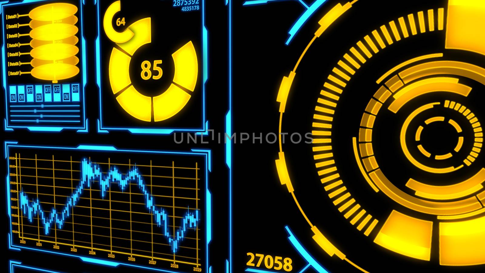 Data Transmission and Digital Transformation Screen with Details in Yellow-Blue color theme including Panels, Graphs, Charts , 3D Earth and digital elements Ver.3