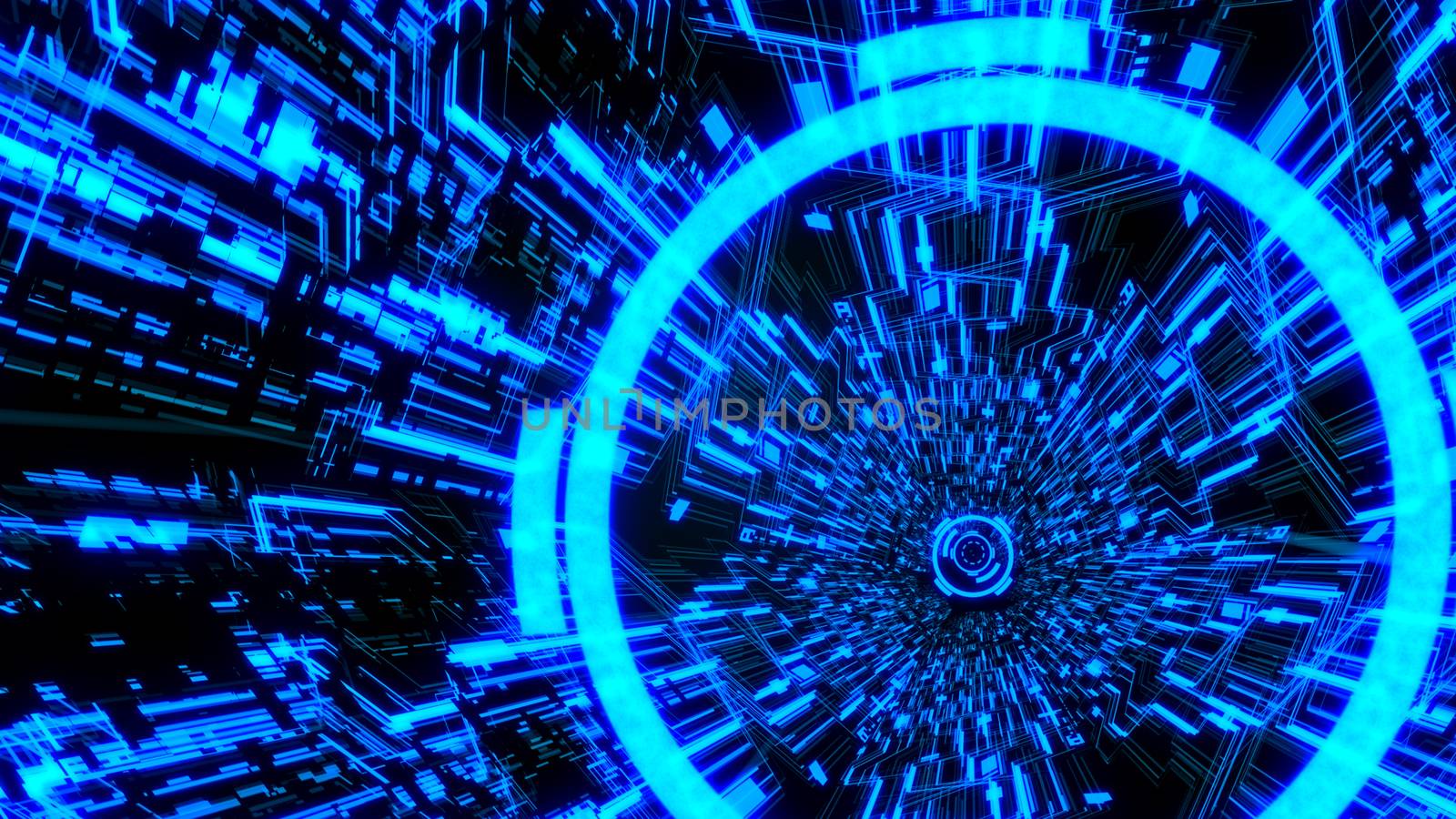 3D Digital Circuit System Tunnels and Waves with Digital Circles in the middle in Blue color theme Background Ver.5 by ariya23156
