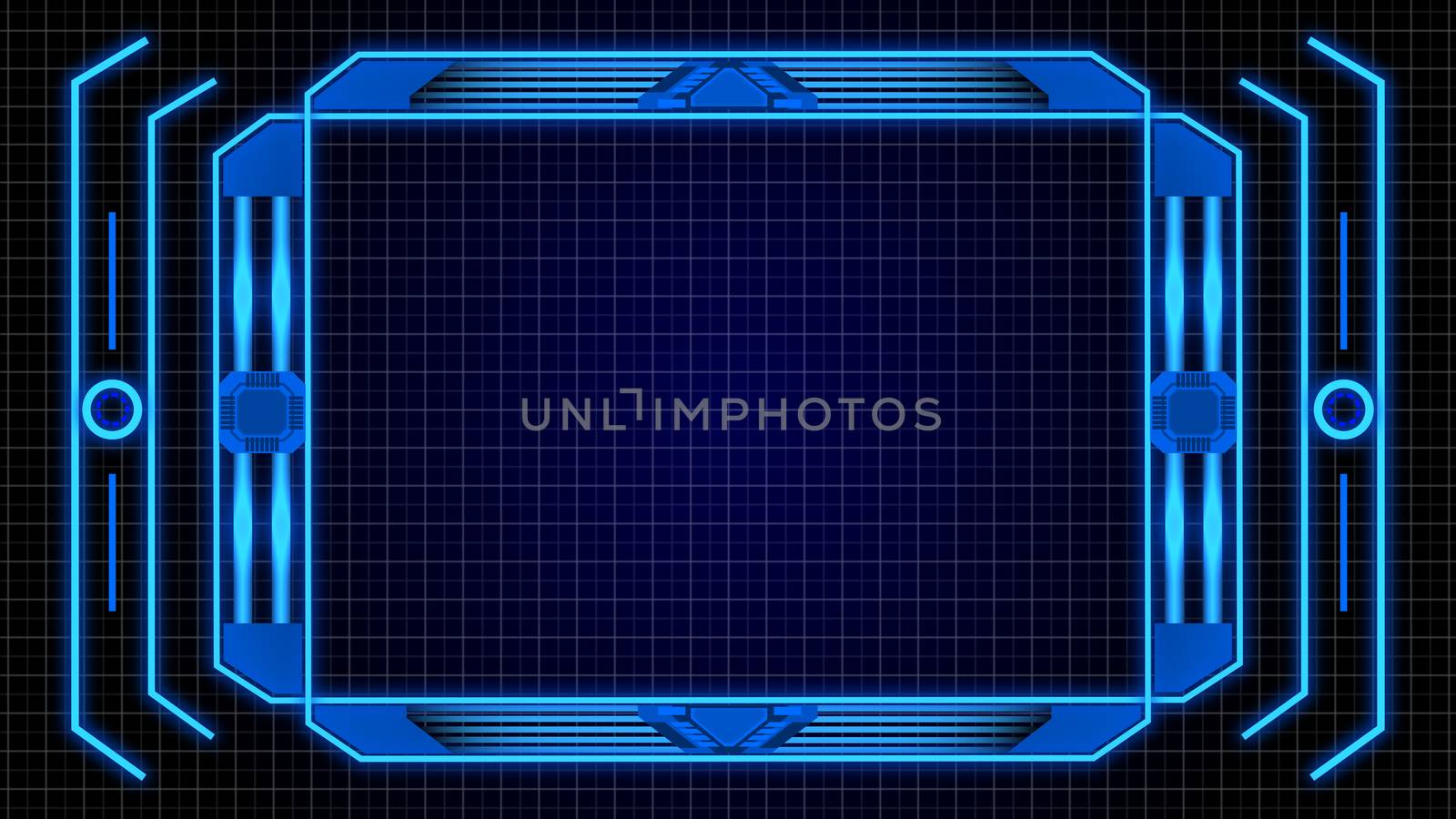 Monitor Screen Border With Blue Digital Elements Details and Grid Abstract Background