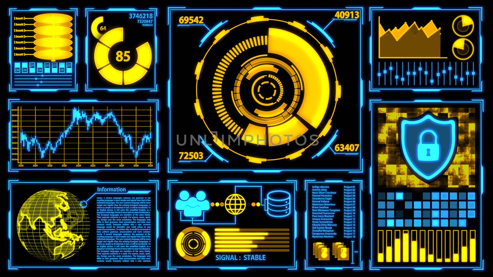 Data Transmission and Digital Transformation Screen with Details in Yellow-Blue color theme including Panels, Graphs, Charts , 3D Earth and digital elements Ver.1 (Full Screen) by ariya23156