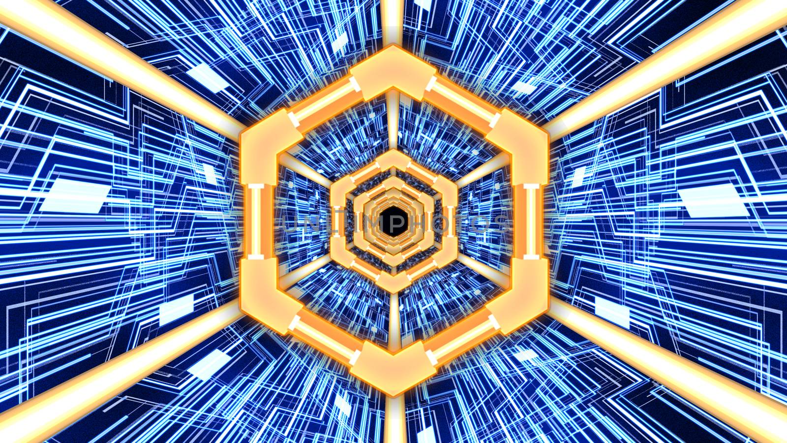 3D Abstract Digital Circuit System Tunnel with Hexagon Rings Borders in Orange-Blue Color Theme Background by ariya23156