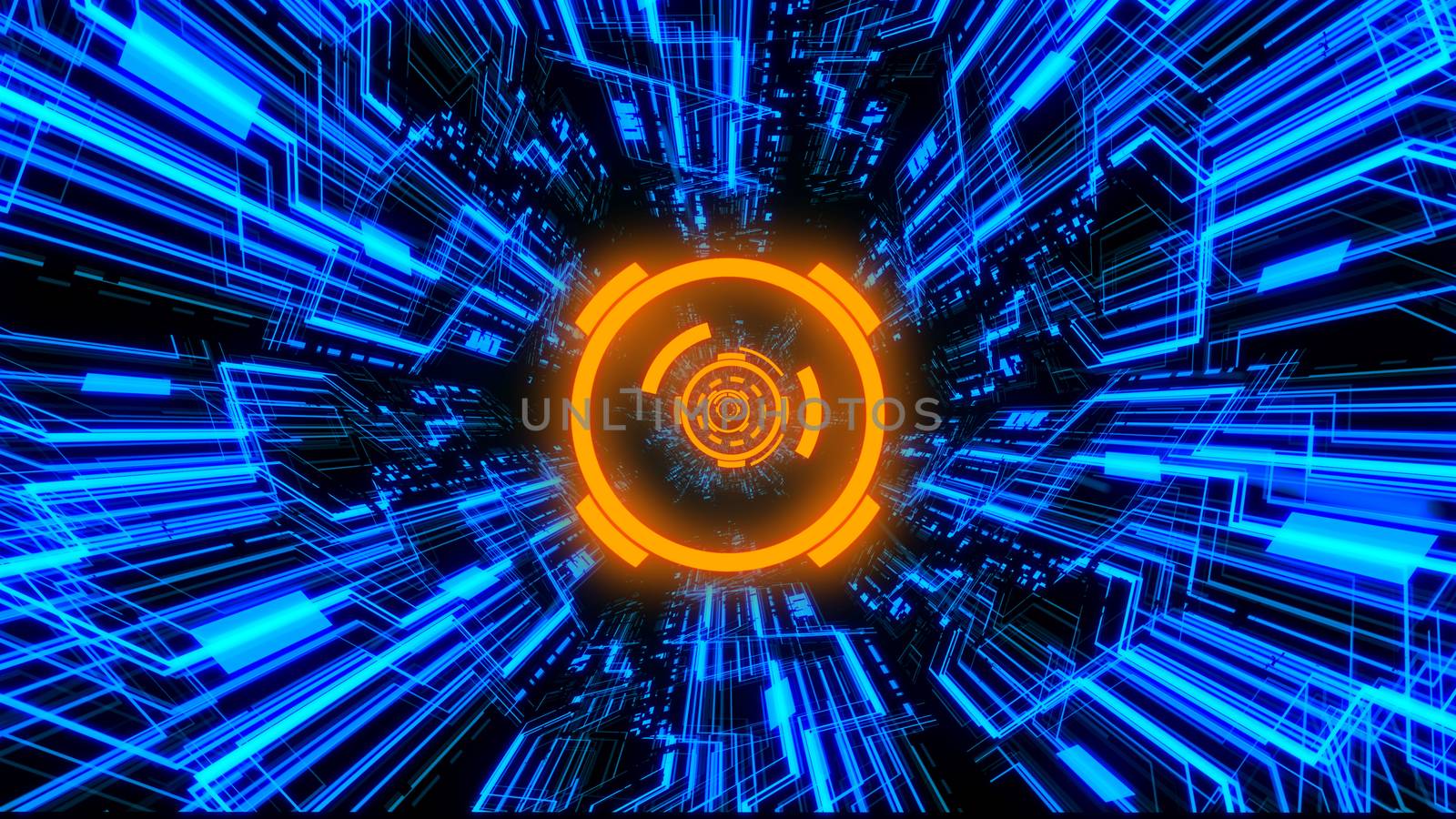 3D Digital Circuit System Tunnels and Waves with Digital Circles in the middle in Orange-Blue color theme Ver.1