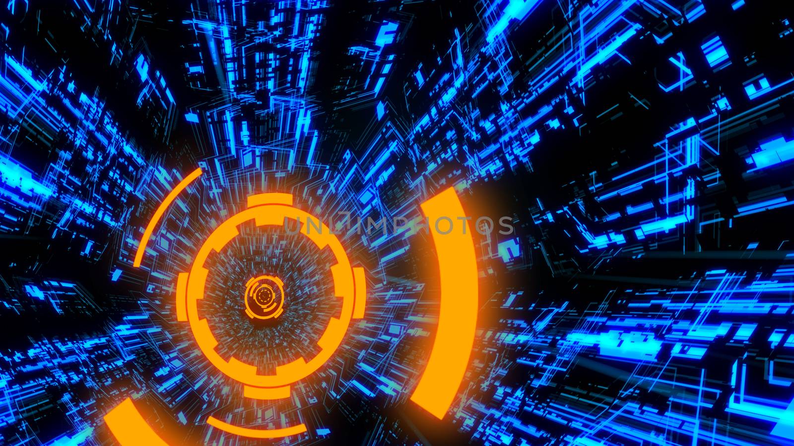 3D Digital Circuit System Tunnels and Waves with Digital Circles in the middle in Orange-Blue color theme Background Ver.3 by ariya23156