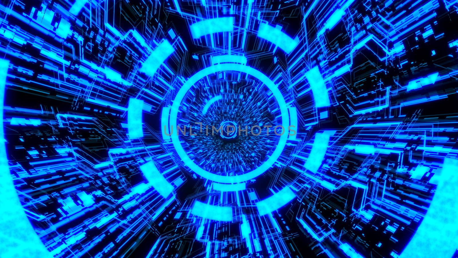 3D Digital Circuit System Tunnels and Waves with Digital Circles in the middle in Blue color theme Background Ver.4 by ariya23156