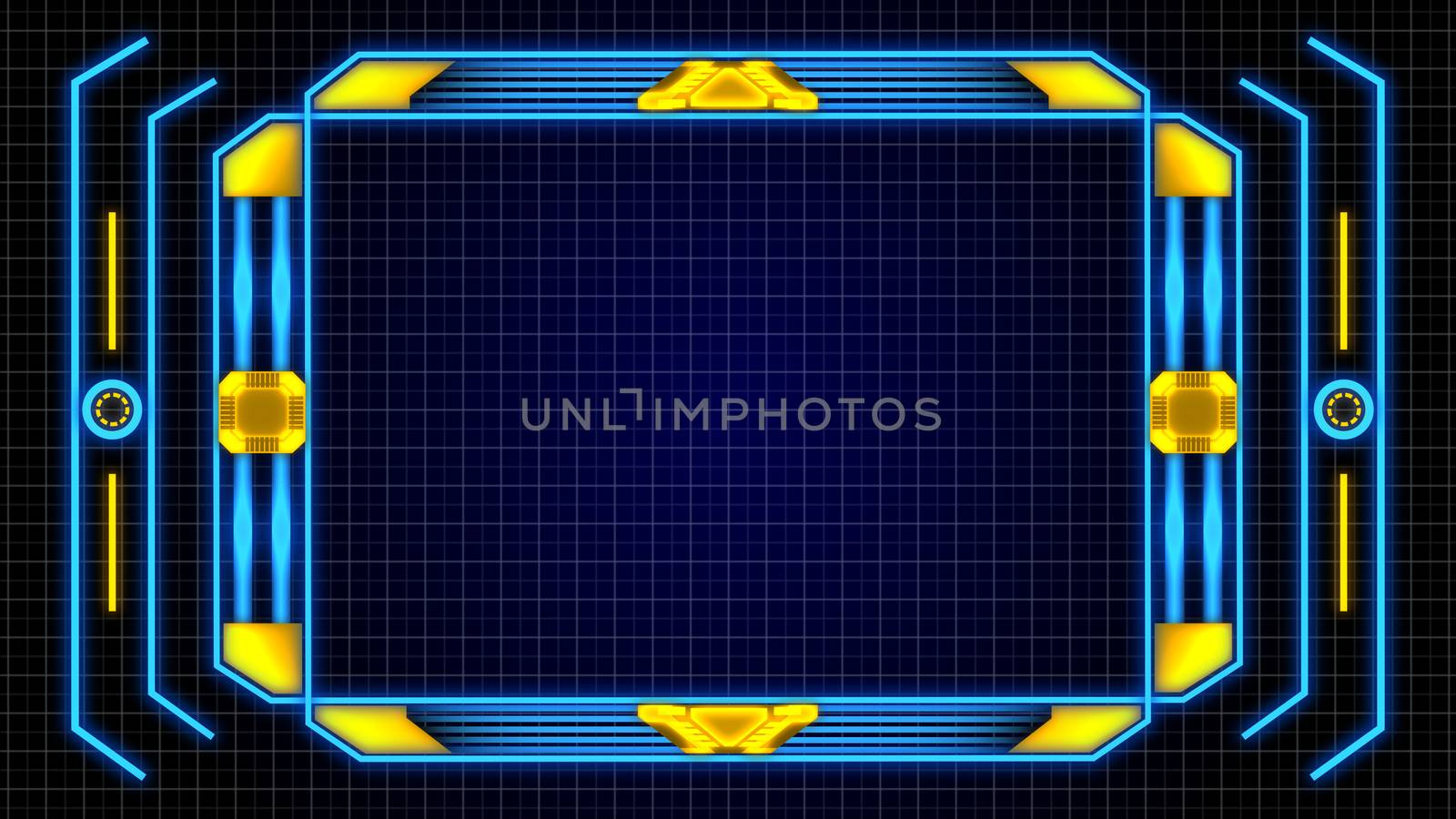 Monitor Screen Border With Orange-Blue Digital Elements Details and Grid Background