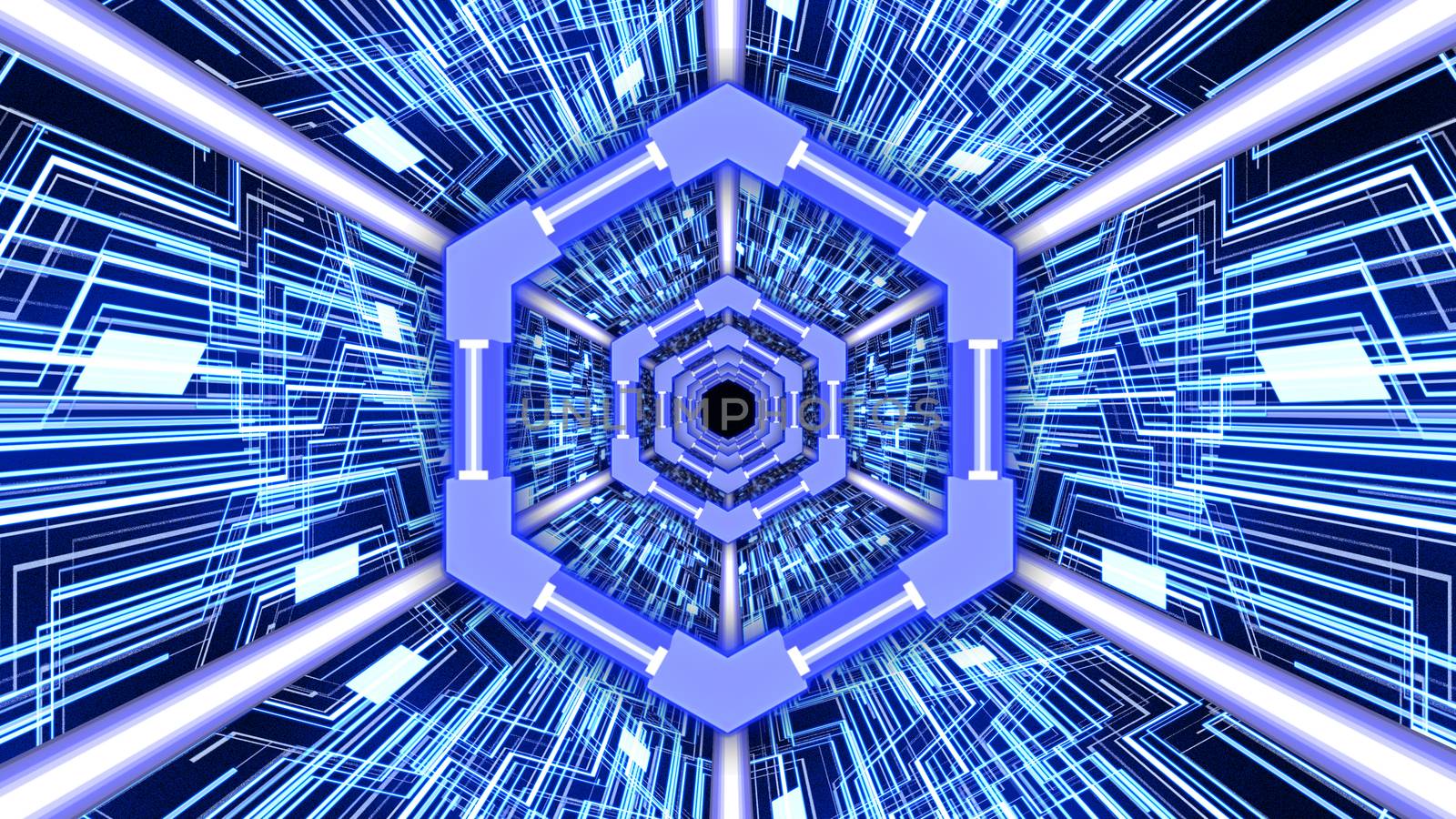 3D Abstract Digital Circuit System Tunnel with Hexagon Rings Borders in Blue Color Theme Background by ariya23156