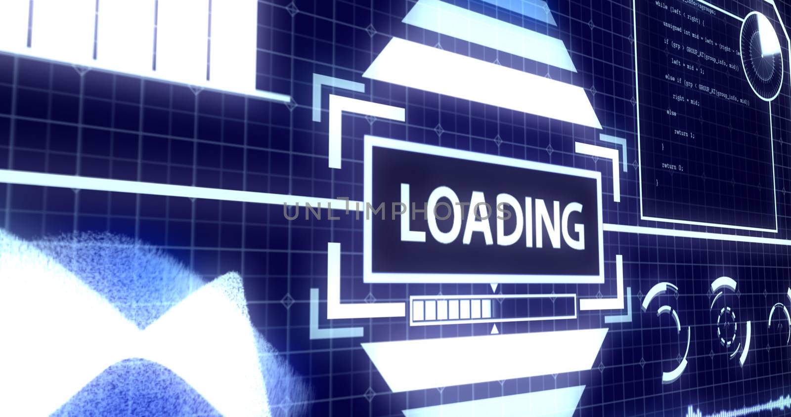 Loading Screen with Process Bar and Digital objects including Soundwave, Graph, Chart, Circles, Radar, Hacker typing and Glowing light bars Ver.2