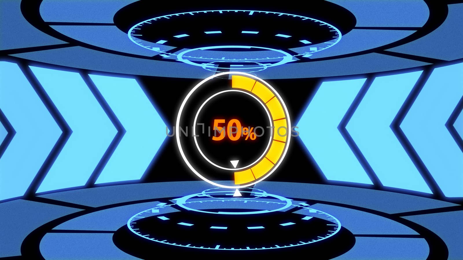 3D Loading screen HUD in Technology Laboratory with Arrow Path Lights, Loading Circle and Digital Circles (50% loading) by ariya23156