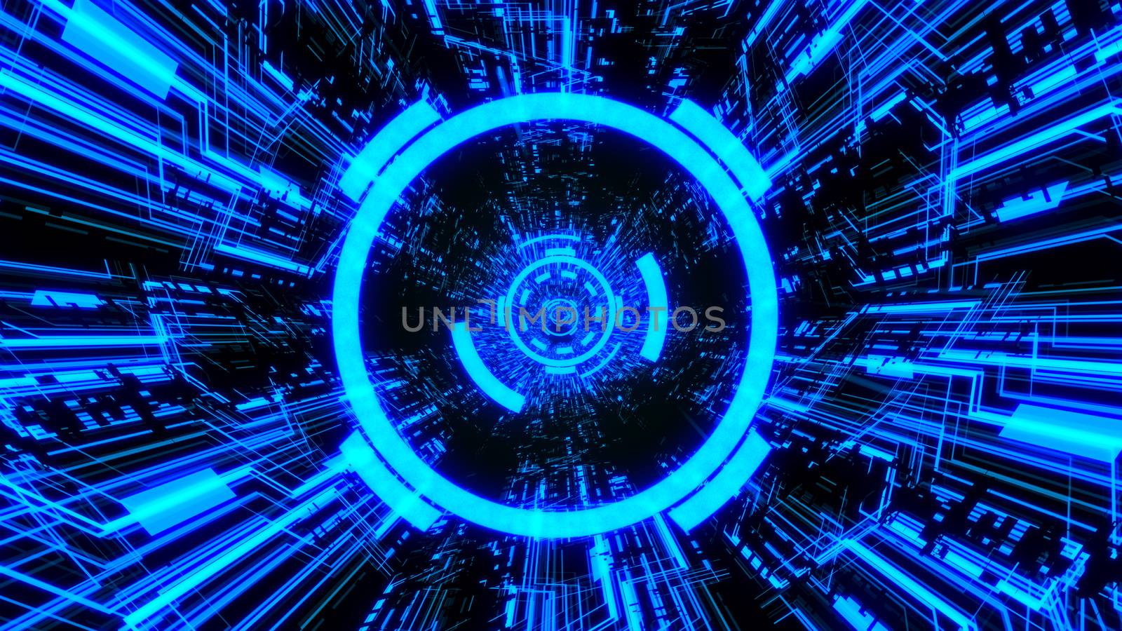 3D Digital Circuit System Tunnels and Waves with Digital Circles in the middle in Blue color theme Background Ver.3
