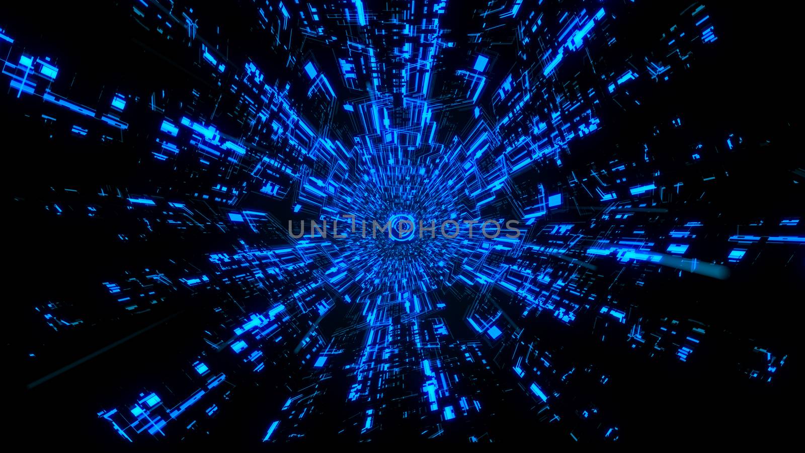 3D Digital Circuit System Tunnels and Waves with Digital Circles in the middle in Blue color theme Background Ver.1