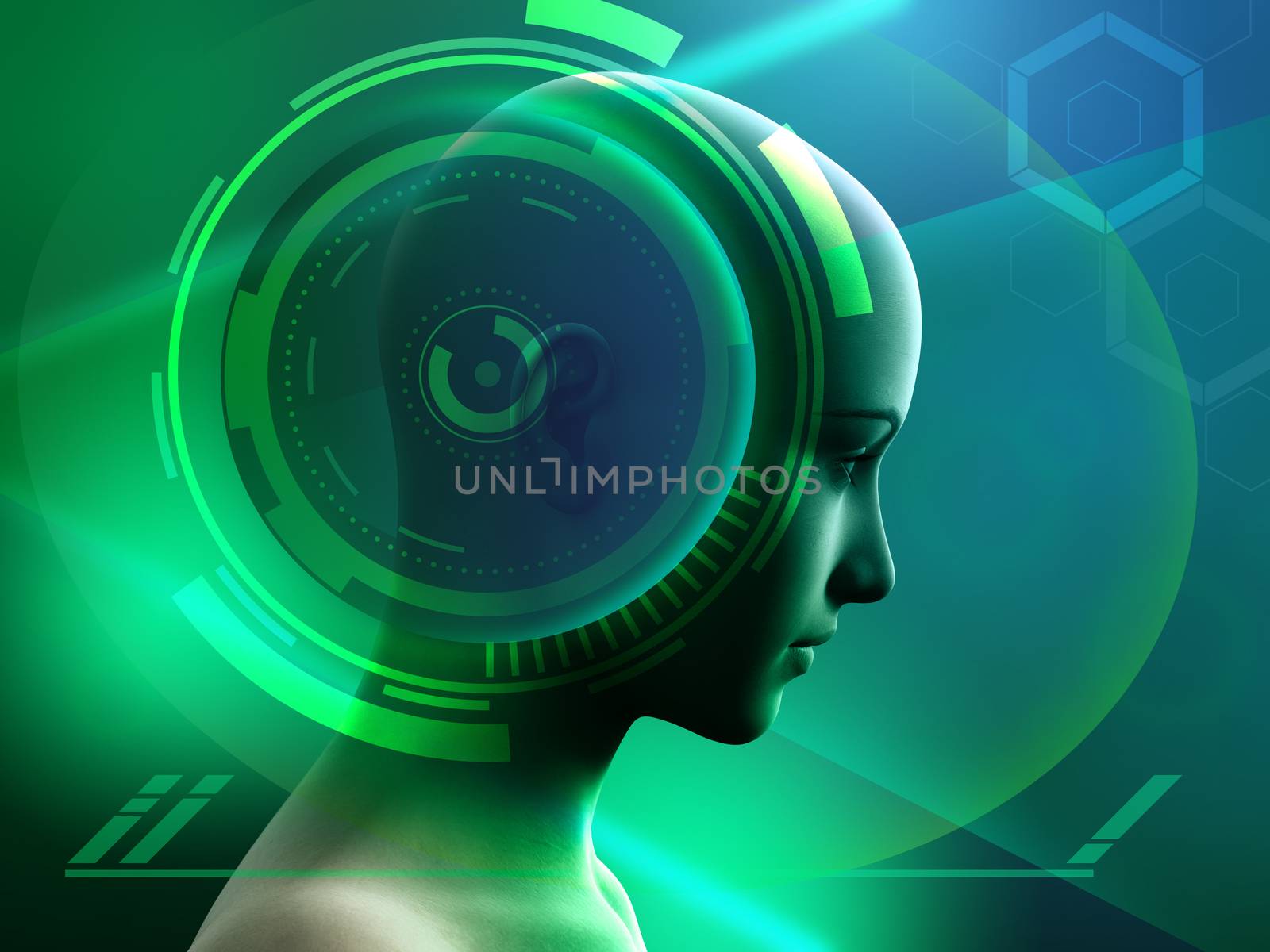 Human head with some high technology interface elements. Digital illustration.