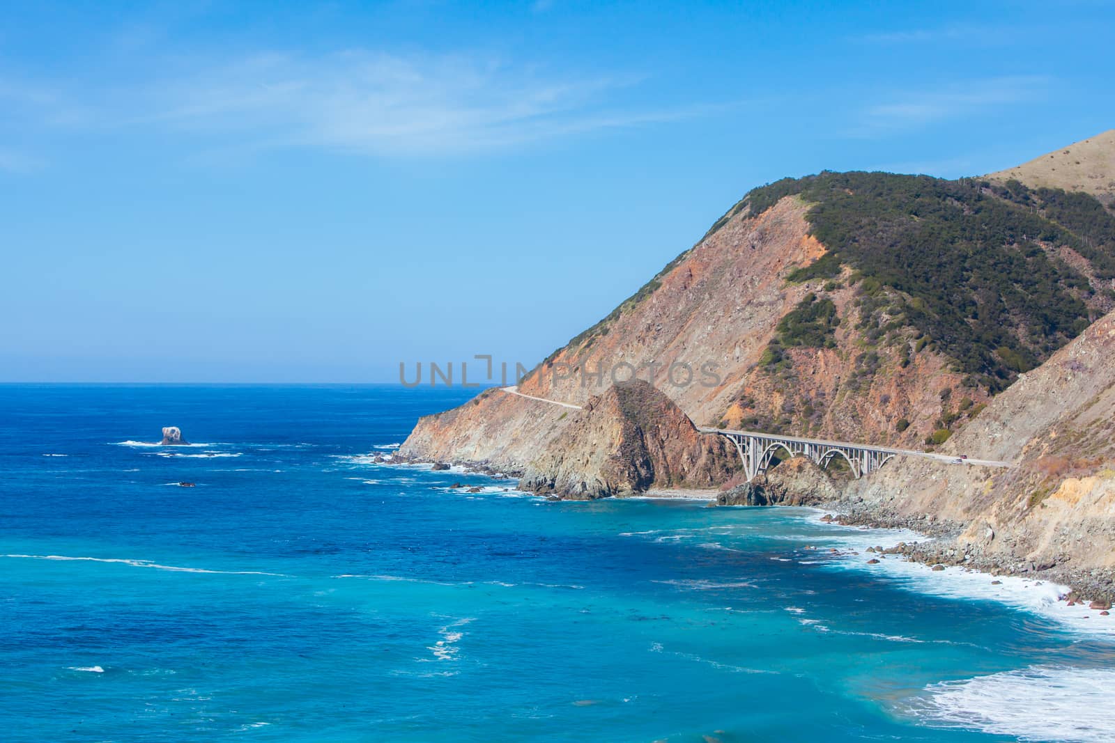 A view out to sea on a sunny winter's day along Big Sur coastline in California, USA