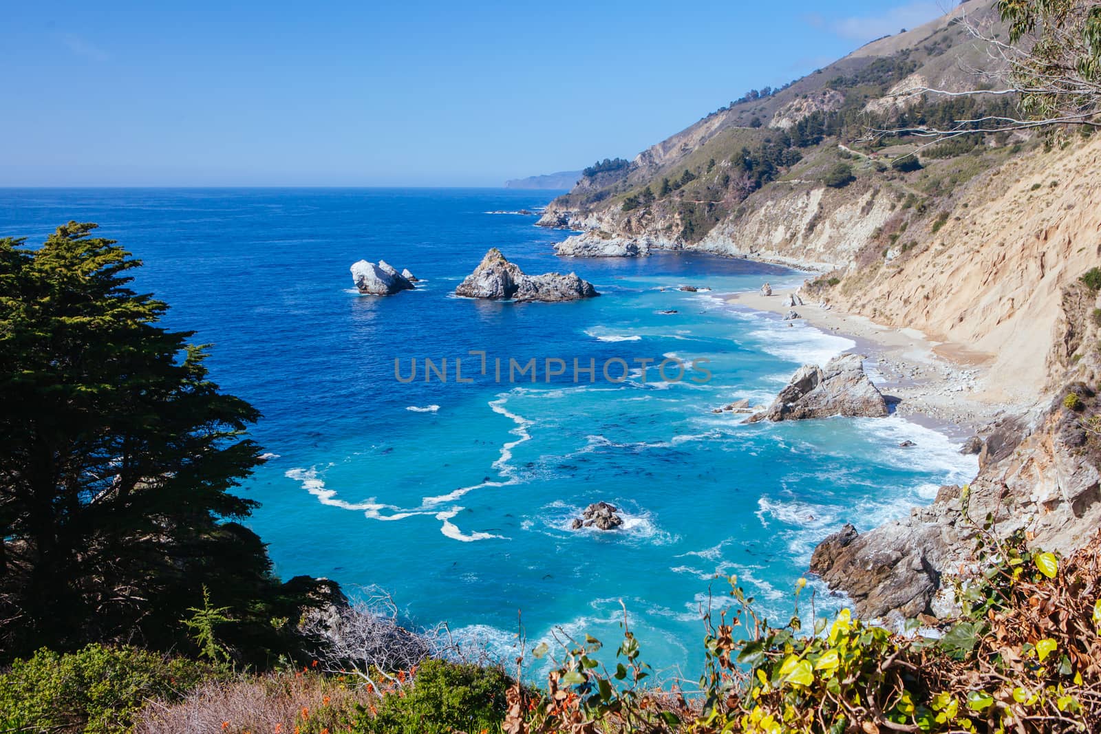 A view out to sea on a sunny winter's day along Big Sur coastline in California, USA