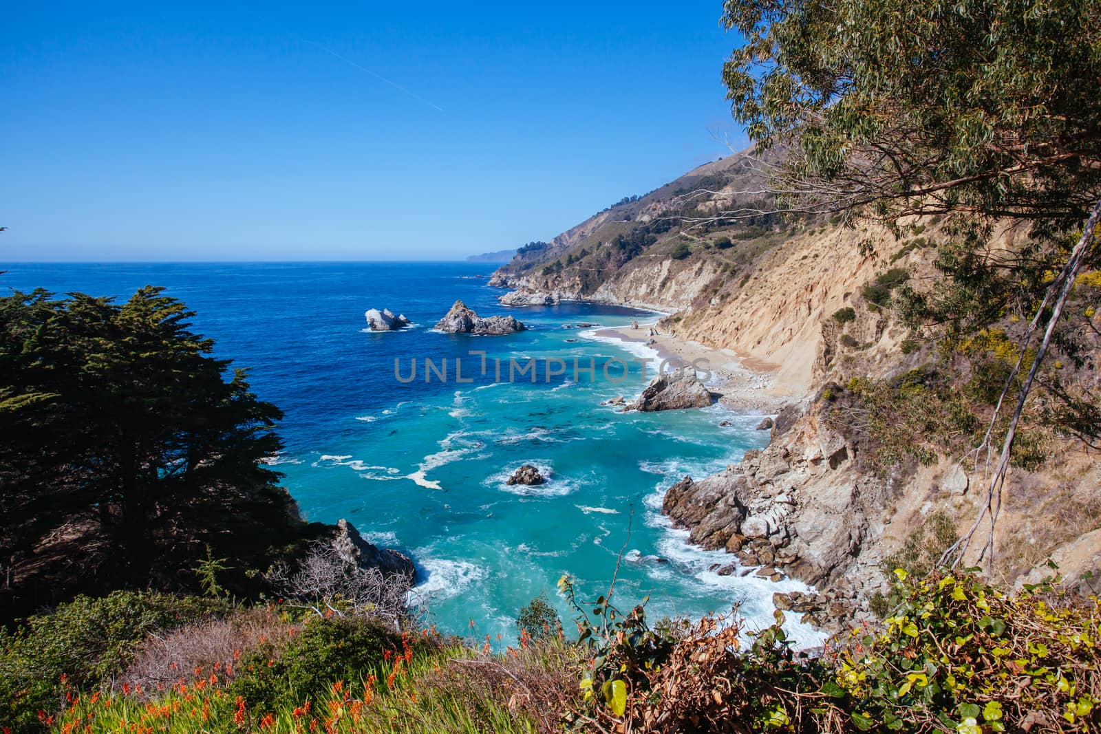 A view out to sea on a sunny winter's day along Big Sur coastline in California, USA