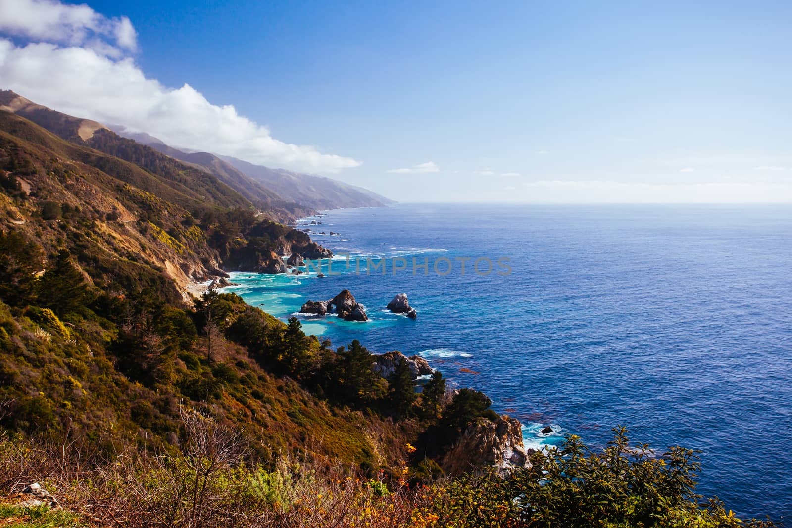 A view out to sea on a sunny winter's day along Big Sur coastline in California, USA