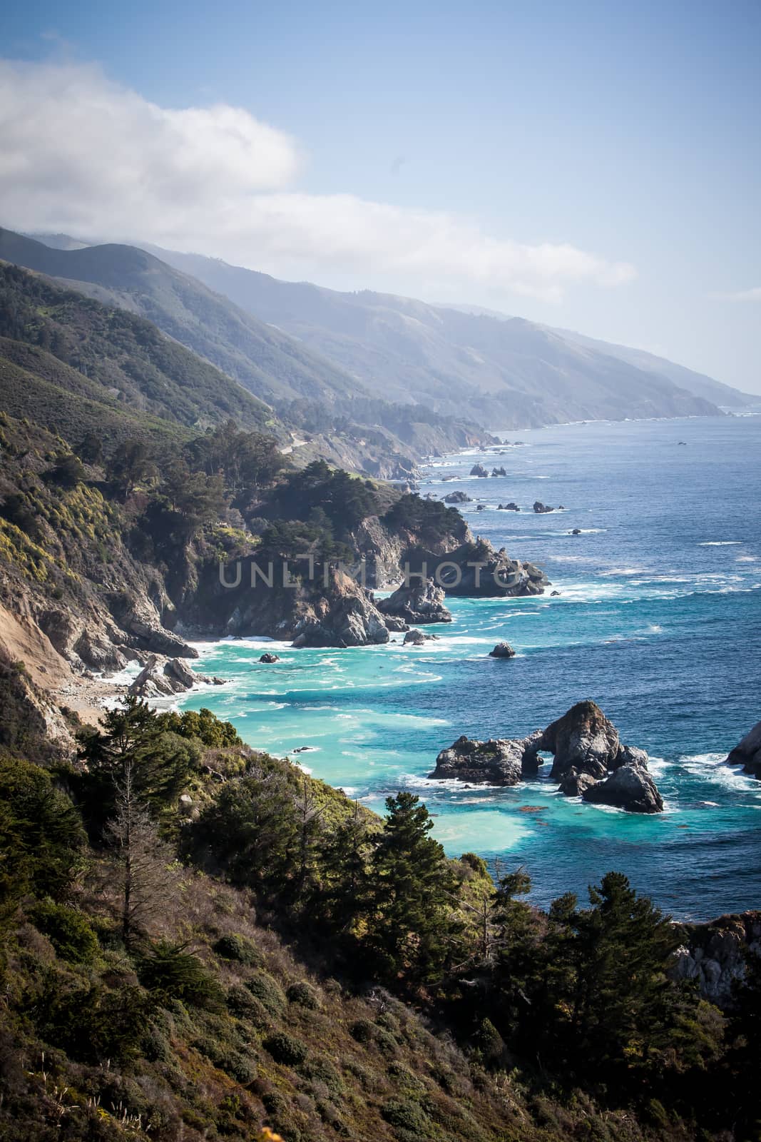 A view out to sea on a sunny winter's day along Big Sur coastline in California, USA