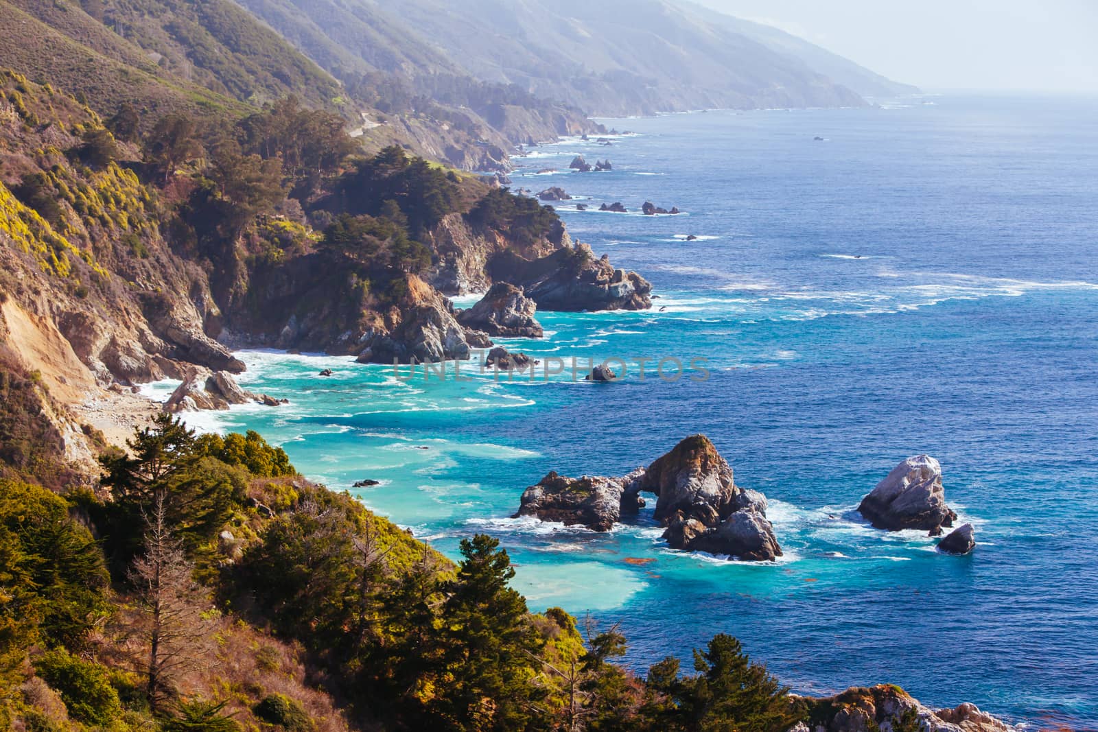 A view out to sea on a sunny winter's day along Big Sur coastline in California, USA