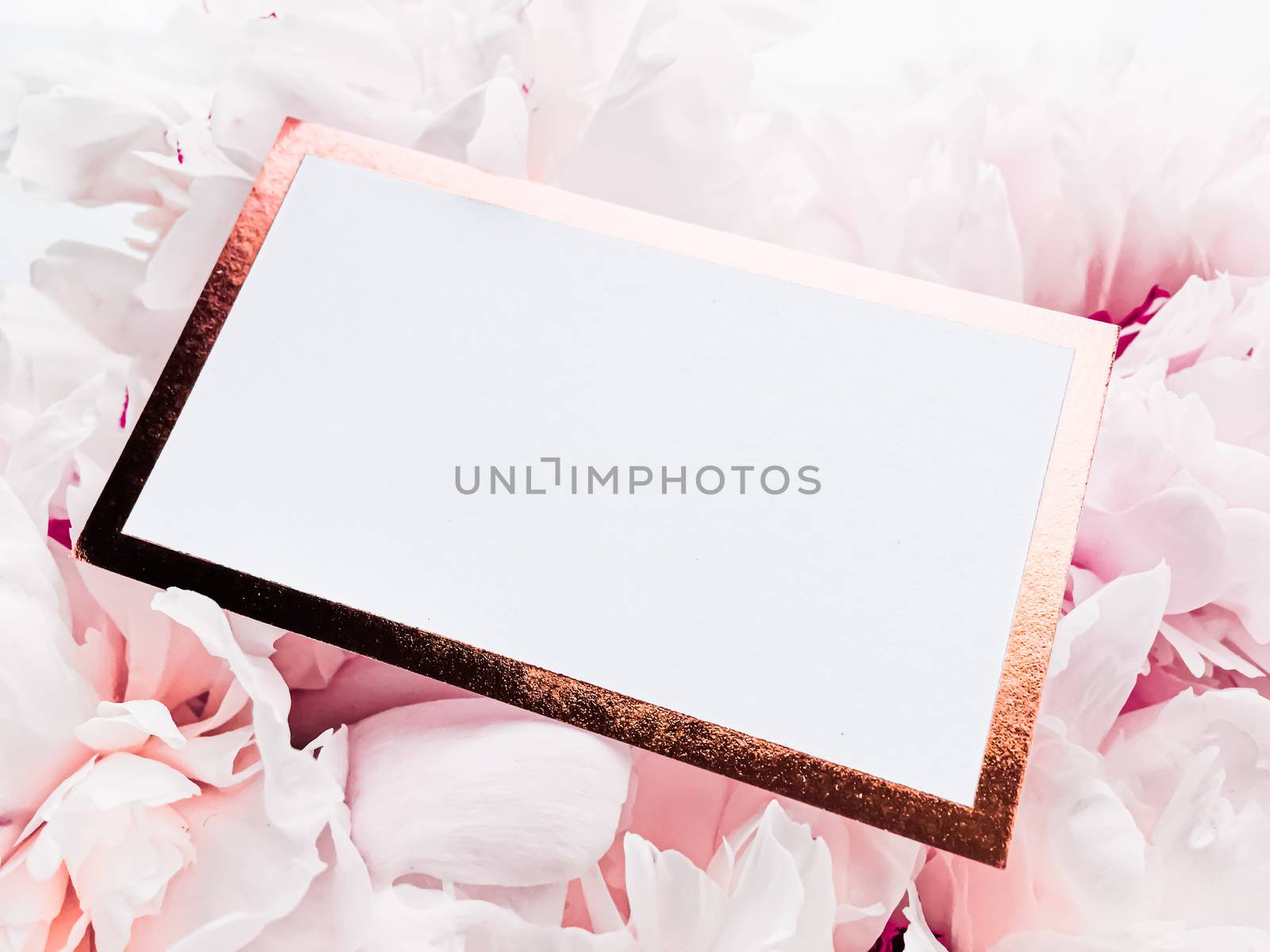 Glamorous business card or invitation mockup and bouquet of peony flowers, wedding and event branding design