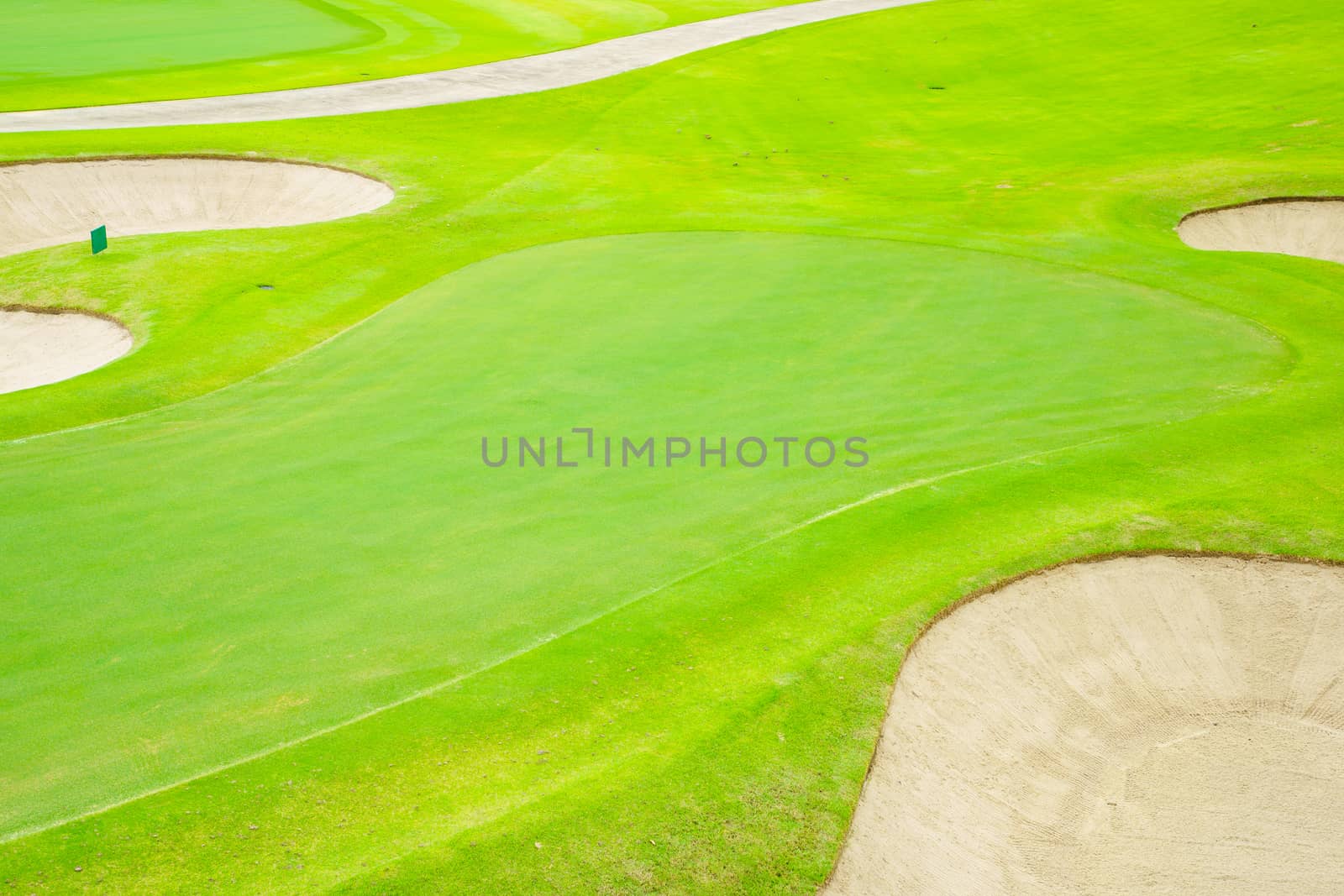 Top view golf court,  beautiful Bunkers sand, putting green and green nature grass, Fairway Rough.