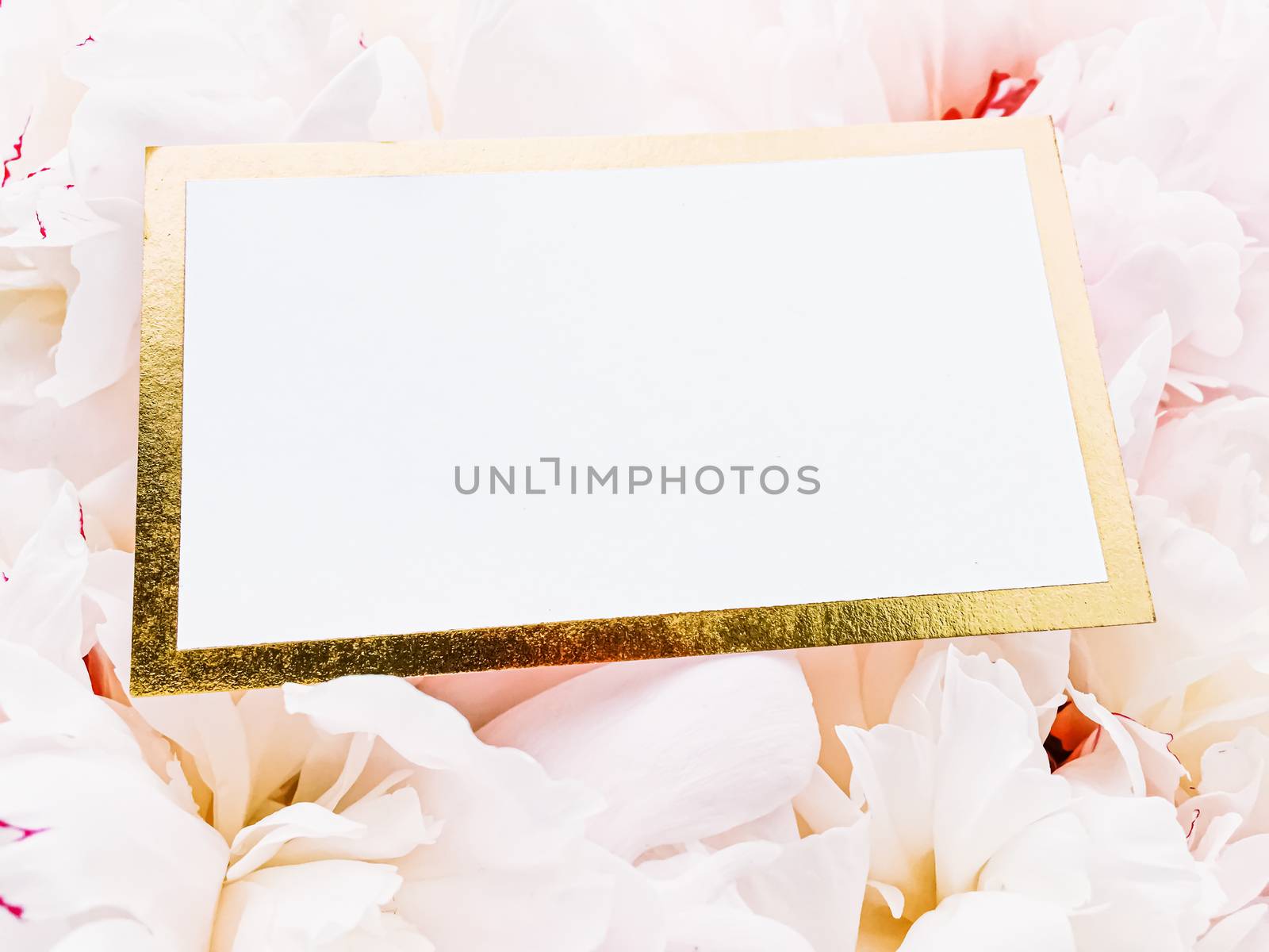 Glamorous business card or invitation mockup and bouquet of peony flowers, wedding and event branding design