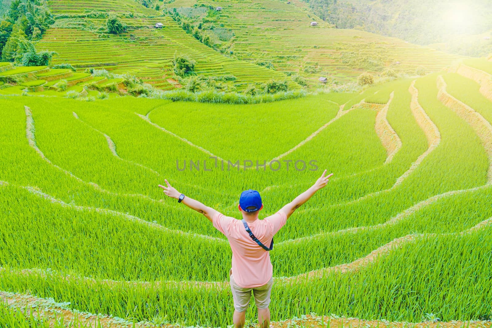 The only man standing with his back beautiful terraced rice paddy field and mountain landscape in Mu Cang Chai and SAPA VIETNAM Sunlight and flare background concept.