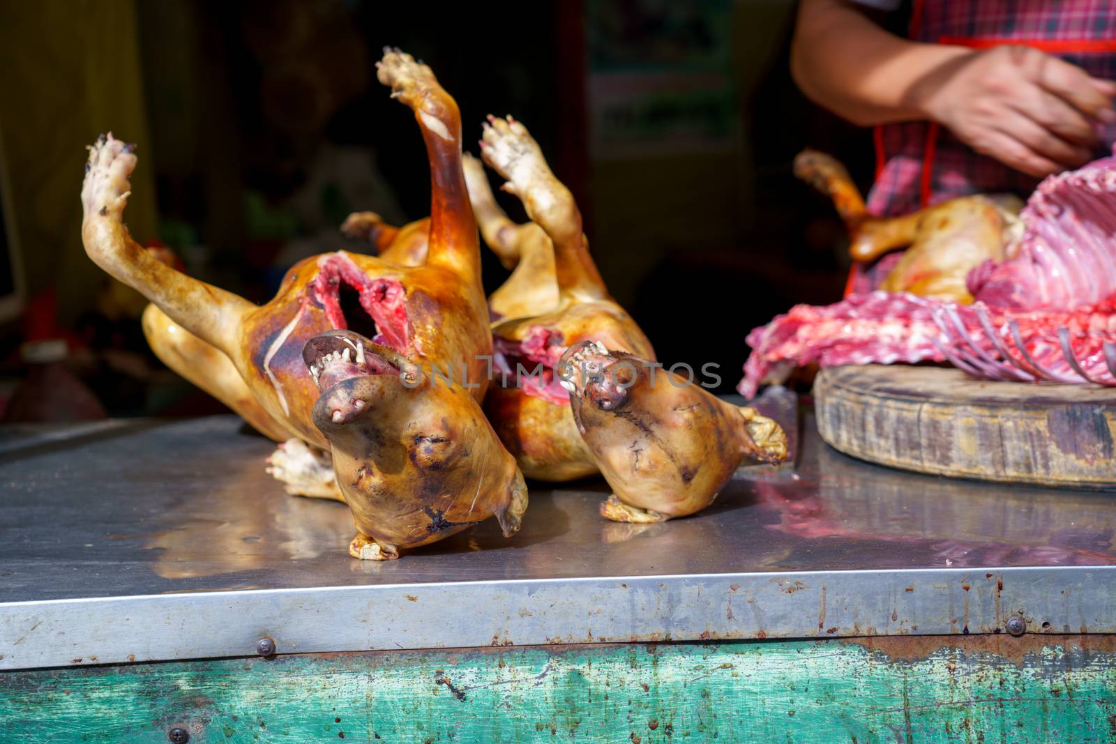 Man Dissected, pay Dog meat Dead body selling a grilled for barbecue Street food of Vietnam. Food is difficult.