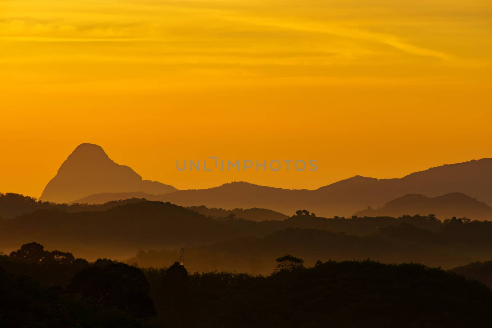 View point Samed Nang Chee Landmark in the Andaman sea and Phangnga Thailand On the forest among the valleys At sunrise in the morning When the sky is golden. Silhouette concept.